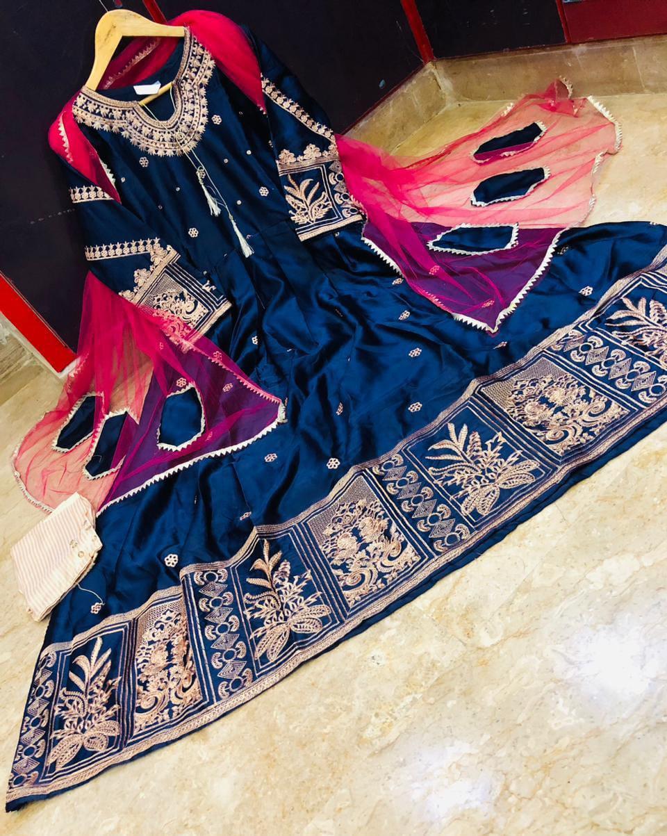 Exquisite 3 Pcs Women's Stitched Maxi Suit in Shamoz Silk with Embroidered Pattern