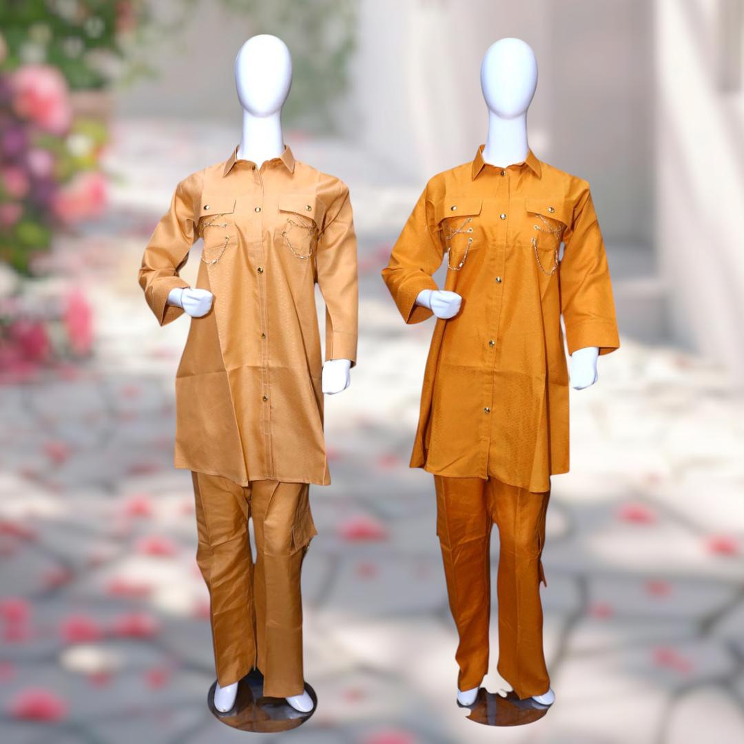 Stylish Women's Stitched Shirt and Trouser Set in Brown - 2 Pcs