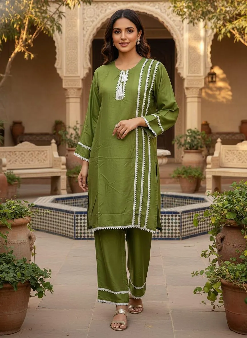 2 Pcs Women's Stitched Cotton Lawn Lace Work Shirt And Trouser