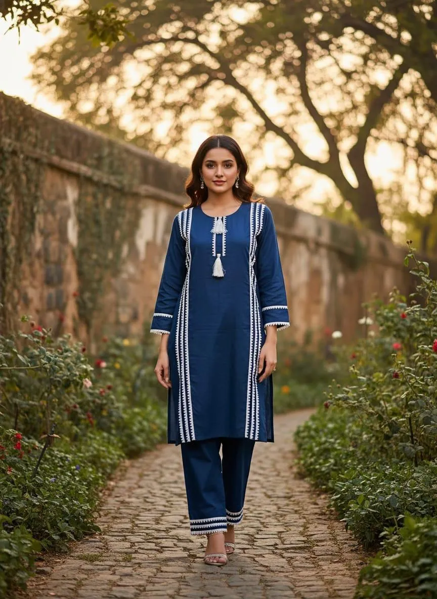 2 Pcs Women's Stitched Cotton Lawn Lace Work Shirt And Trouser