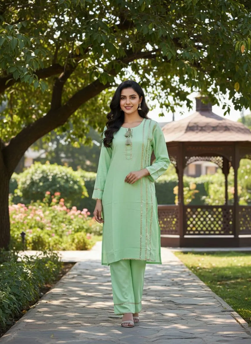 2 Pcs Women's Stitched Cotton Lawn Lace Work Shirt And Trouser