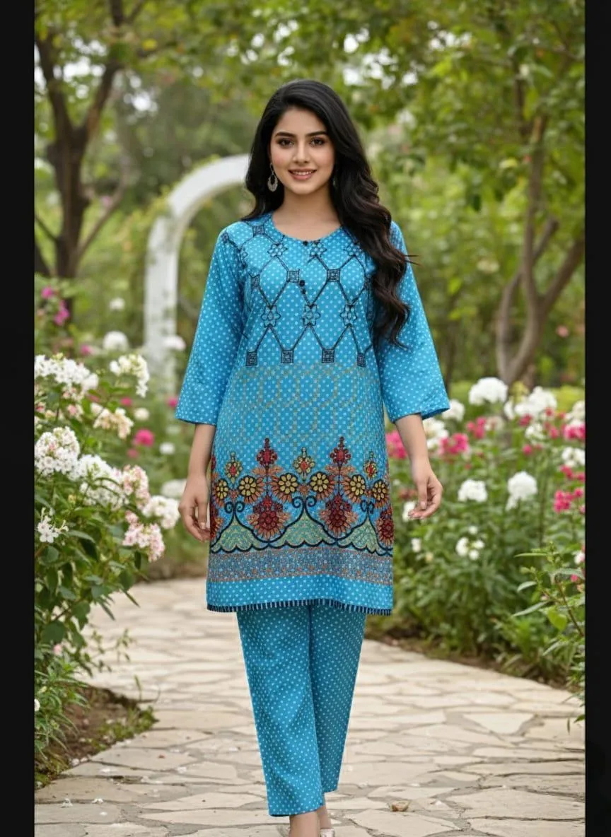 2 Pcs Women's Stitched Cotton Lawn Embroidered Shirt And Trouser