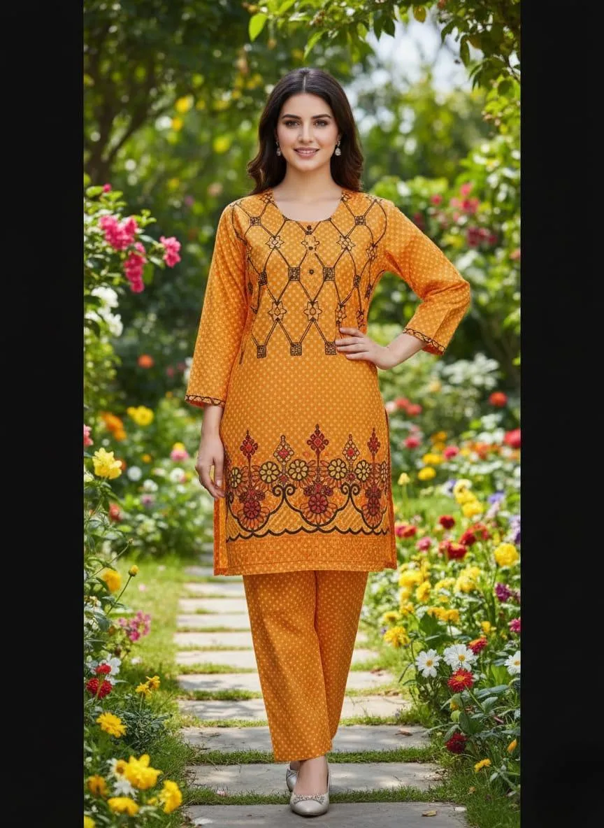 2 Pcs Women's Stitched Cotton Lawn Embroidered Shirt And Trouser