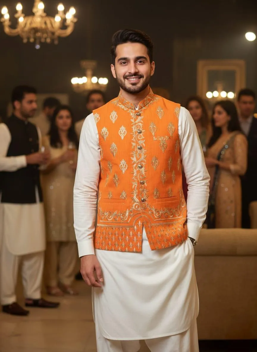 1 Pc Men's Cotton Embroidered Waist Coat 