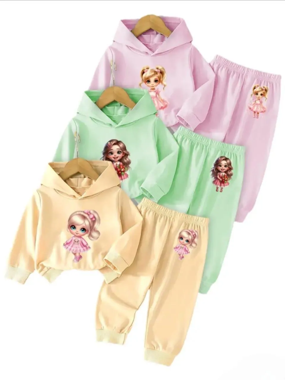 2 Pcs Girl's Fleece Printed Hoodie Tracksuit