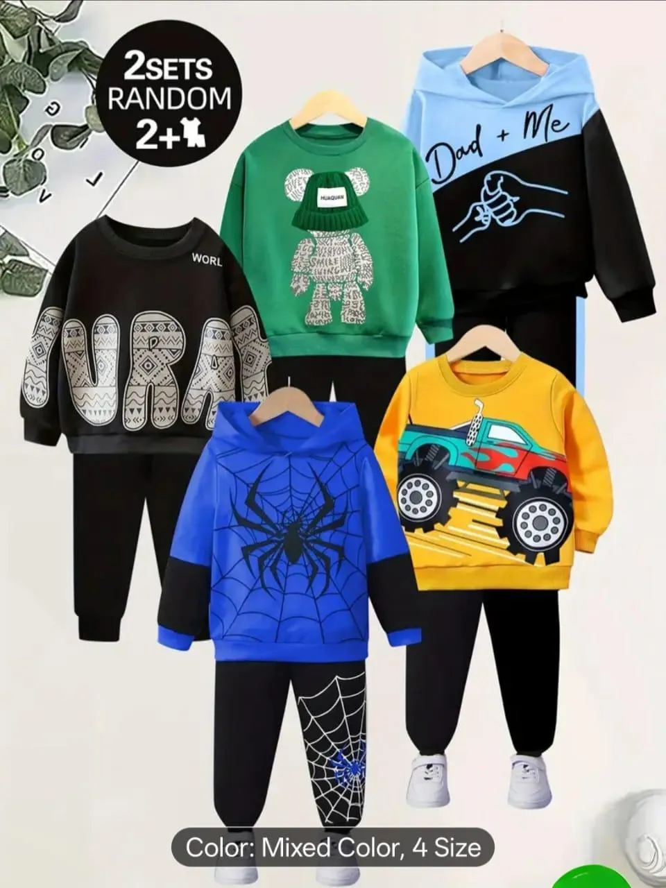 2 Sets 4 Pcs Boy's Fleece Printed Tracksuit 