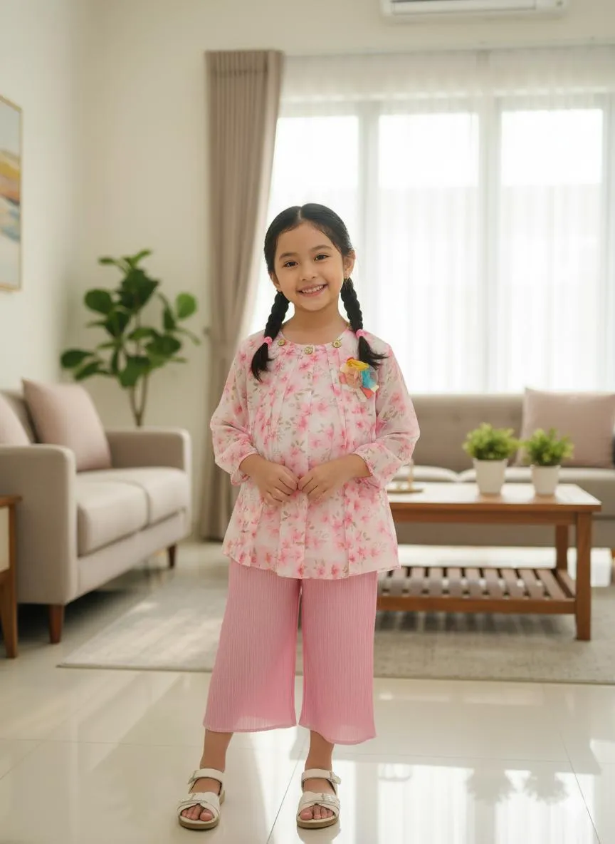 Fancy Wedding Party 2 Pcs Girl's Raw Silk Printed Shirt And Trouser Suit