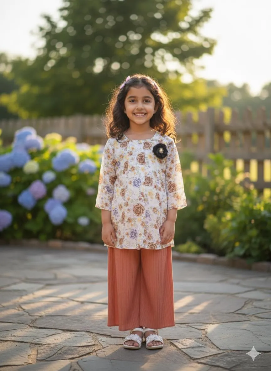 Fancy Wedding Party 2 Pcs Girl's Raw Silk Printed Shirt And Trouser Suit