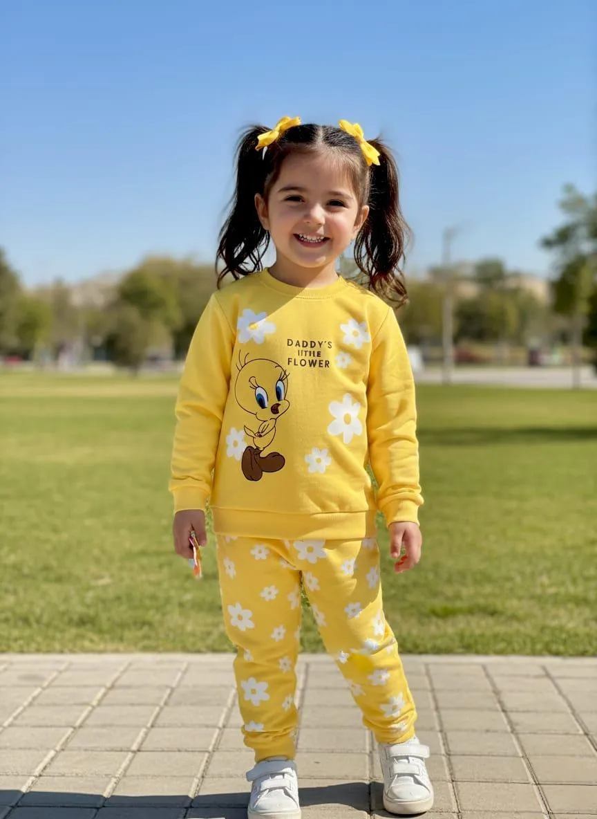 2 Pcs Girl's Fleece Printed Shirt And Trouser Set 4 to 8 Year