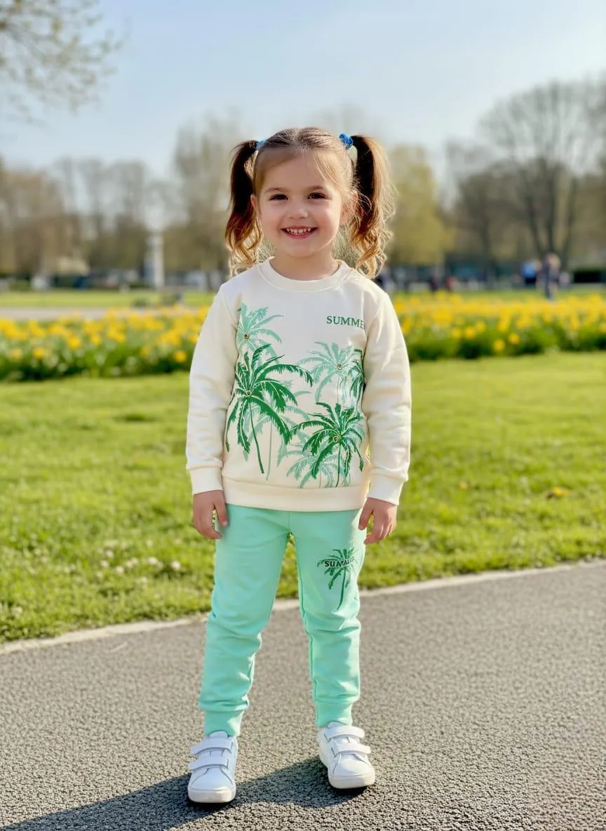 2 Pcs Girl's Fleece Printed Shirt And Trouser Set 4 to 8 Year