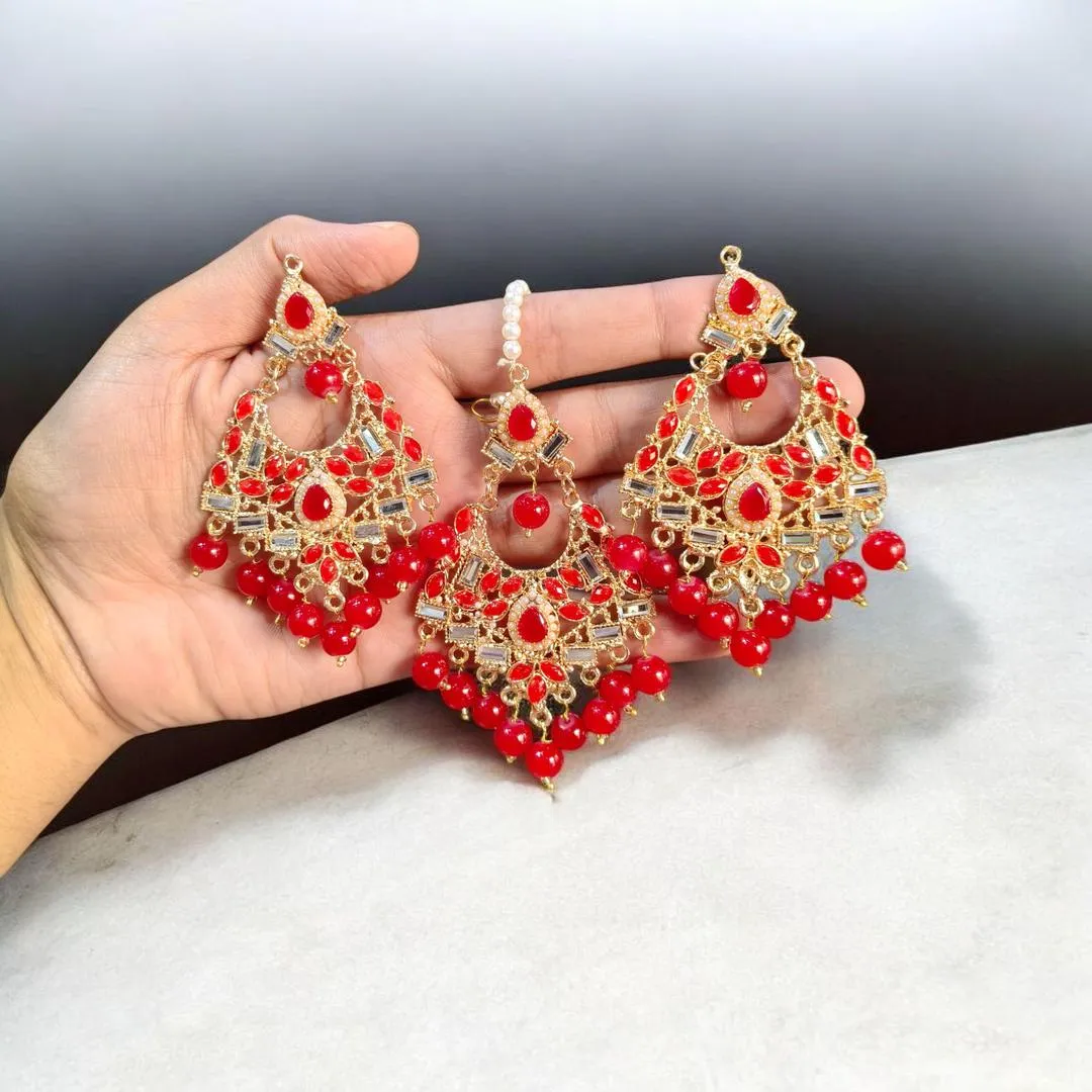 Fancy Gold Plated Crystal Earrings Bindia Set