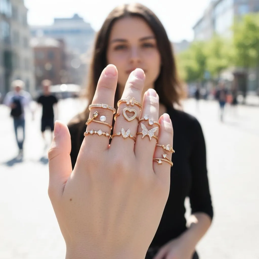 8 Pcs Funky Crystal Adjustable Rings Set New Style 