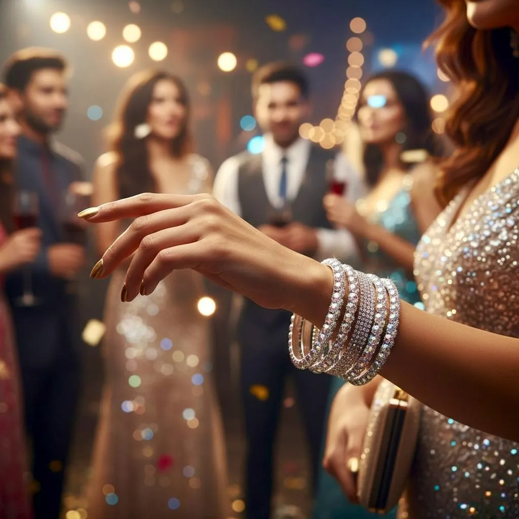 6 Pcs Funky Silver Plated Crystal Kara Bangle