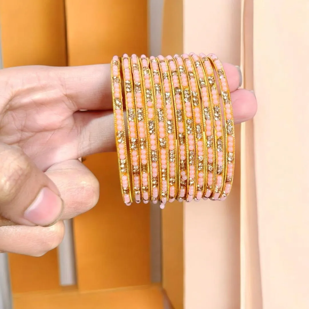 12-Piece Gold Plated Pink Crystal Kara Bangles Set
