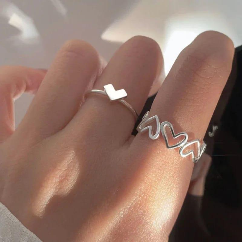  2pcs Alloy Silver Plated Trendy Heart Design Ring Set