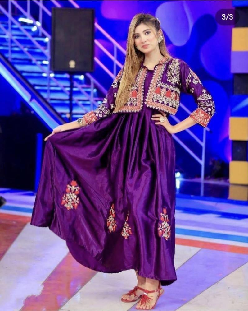 Elegant Women's Stitched Embroidered Katan Silk Maxi with Jacket and Trouser - 3 Pcs