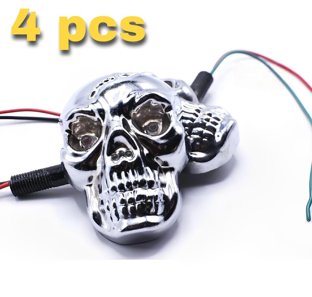 4 Pcs Universal Skull Head LED Turn Signal Indicators  for Motorcycles 125cc and 70cc all bikes