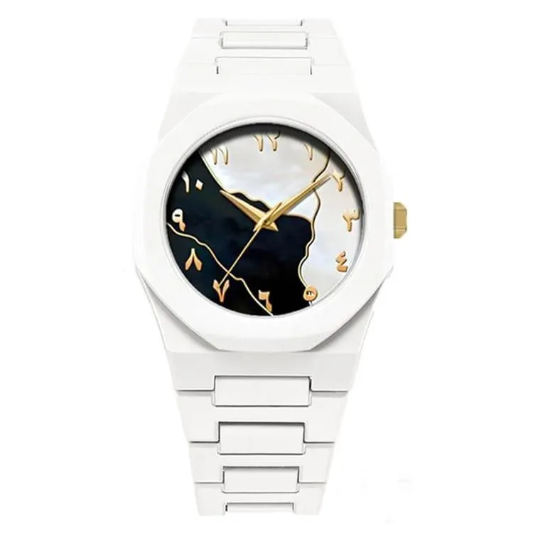 Men's Carbon Fiber White Marble Arabic Aura Watch (Golden)