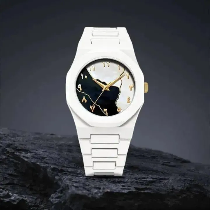 Men's Carbon Fiber White Marble Arabic Aura Watch With Free Box (Golden)