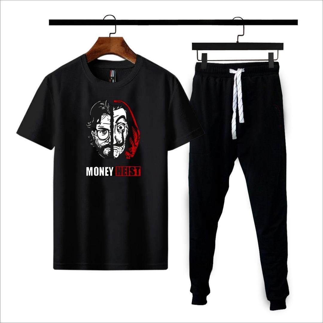 Men's Cotton Jersey Printed Track Suit - 2 Pcs in Black
