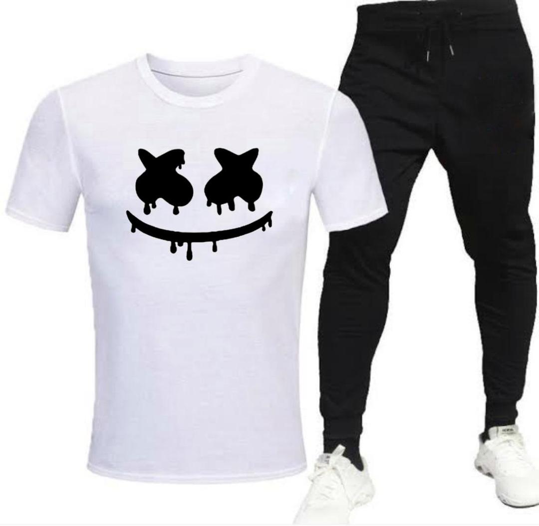 Men's Cotton Jersey Printed Track Suit - 2 Pcs in White and Black