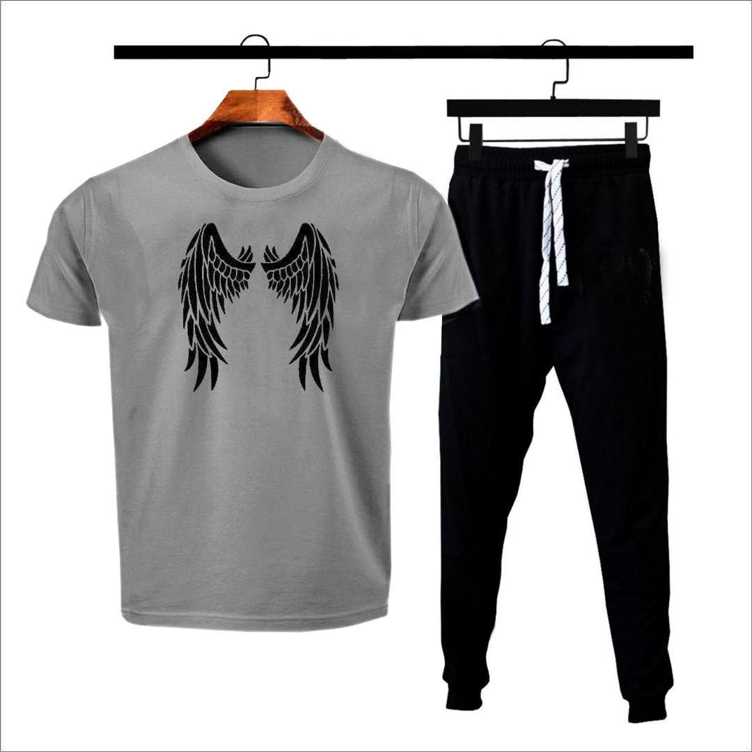 Men's Cotton Jersey Printed Track Suit - 2 Pcs in Grey