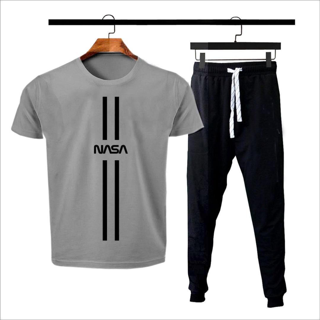 Men's Cotton Jersey Printed Track Suit - 2 Pcs in Grey