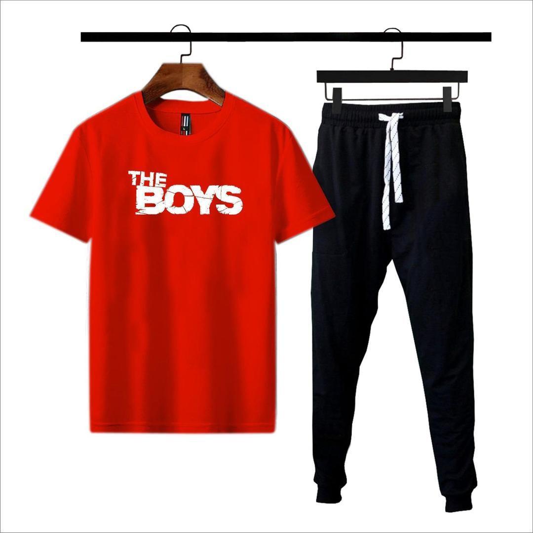 Men's Cotton Jersey Printed Track Suit - 2 Pcs in Red