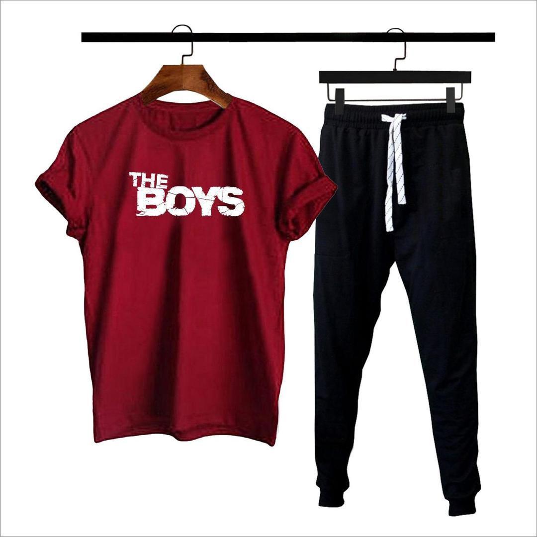 Men's Cotton Jersey Track Suit - 2 Pcs Printed Maroon Set