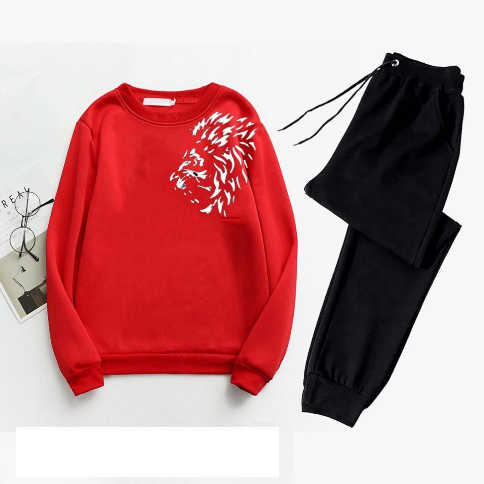 Men's Printed Polyester Track Suit - 2 Pcs Set (Sweatshirt & Trousers) in Red