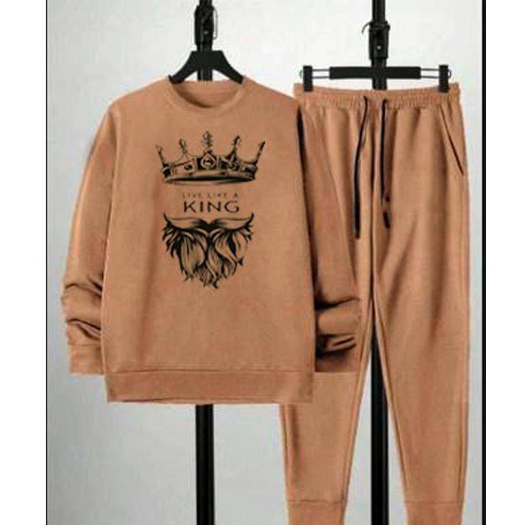 Men's Fleece Printed Sweatshirt Track Suit, 2 Pcs in Brown