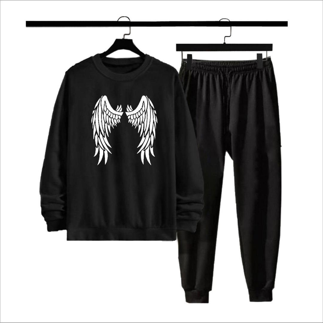Men's Fleece Sweatshirt Track Suit - 2 Pcs Set in Black with Printed Design