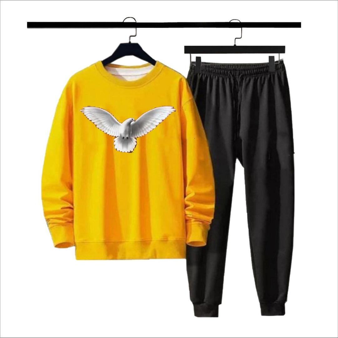 Men's Printed Fleece Sweatshirt Track Suit - 2 Pcs in Yellow