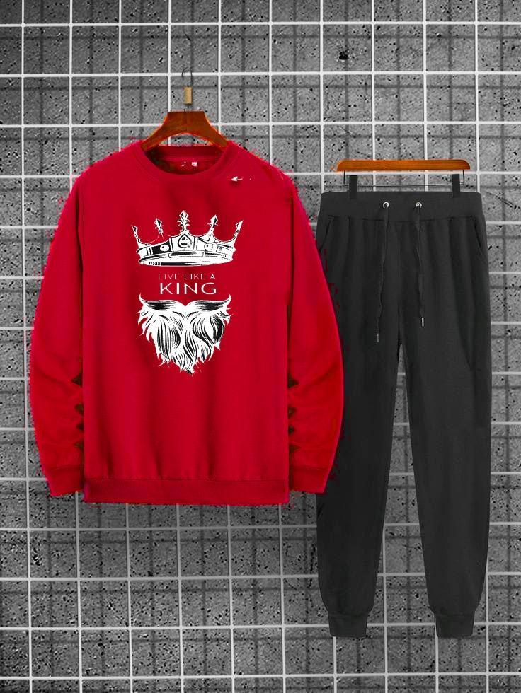 Men's Printed Fleece Sweatshirt Track Suit - 2 Pcs Set in Red