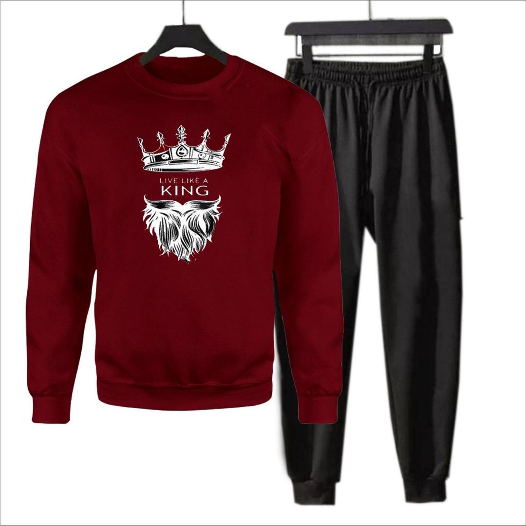 Men's Fleece Printed Sweatshirt Track Suit - 2 Pcs Set in Maroon
