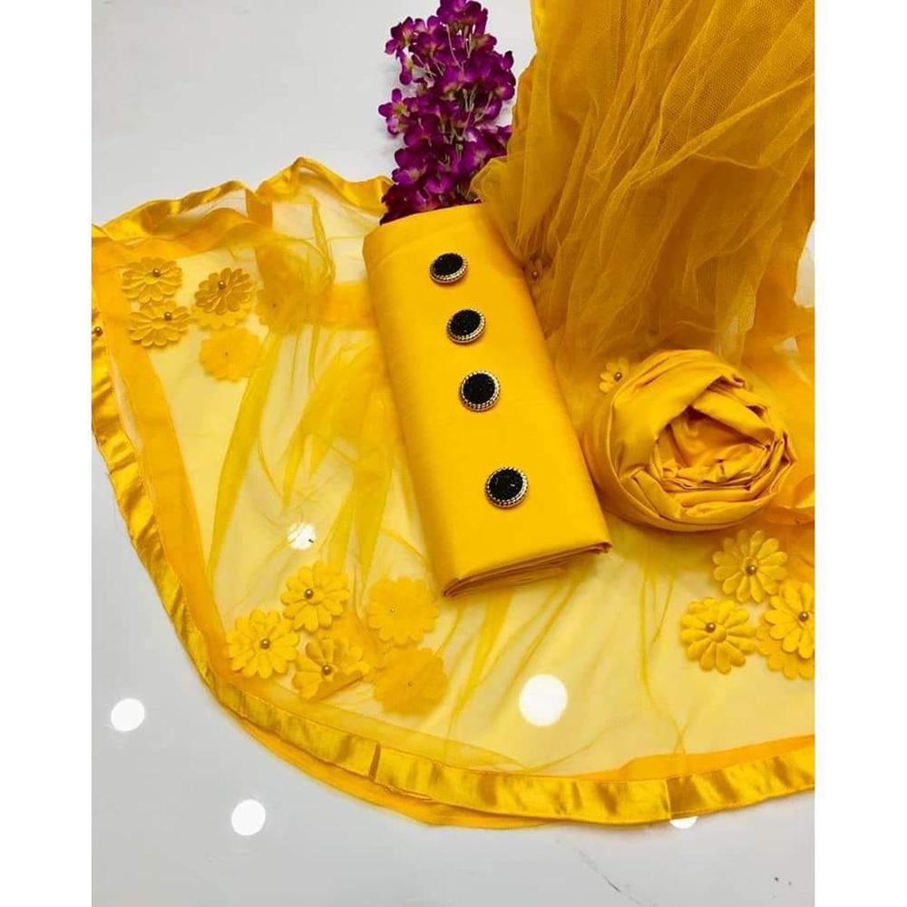 3 Pcs Women's Unstitched Katan Silk Plain Suit