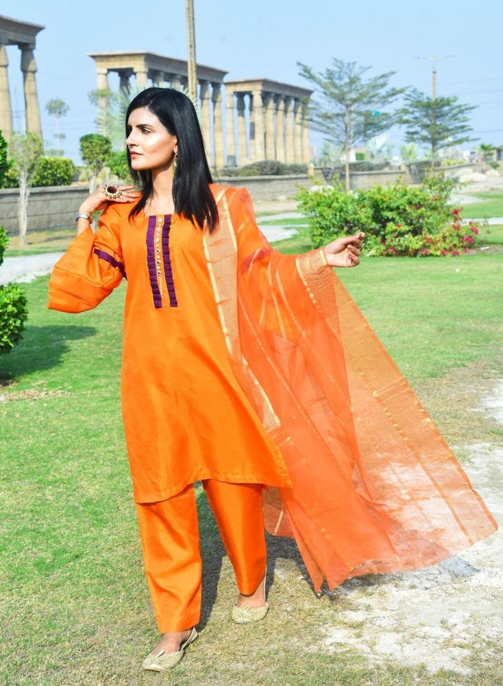 3 Pcs Women's Unstitched Katan Silk Plain Suit