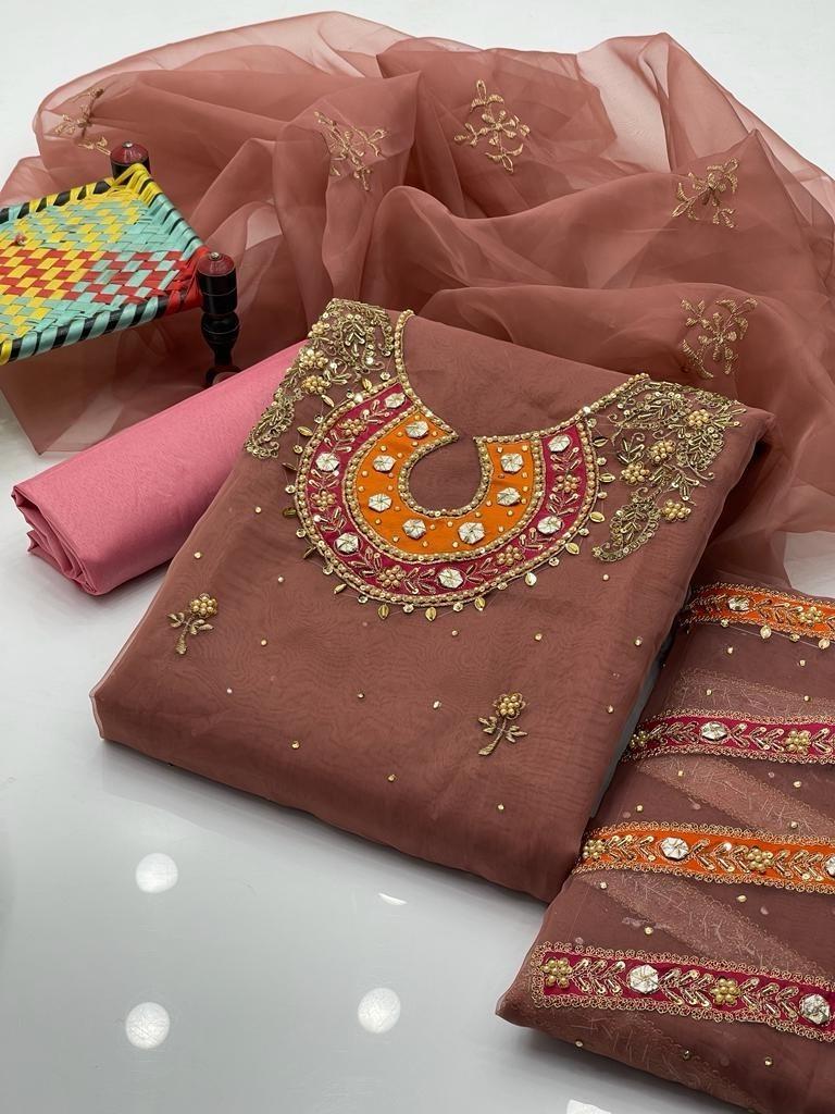 Peach Embroidered Suit Set | 3 Pcs Organza & Kataan Silk Ensemble