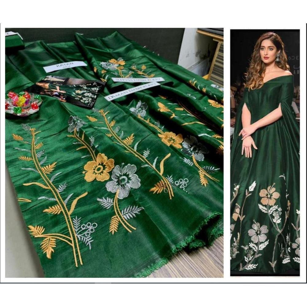 2 Pcs Women's Unstitched Katan Silk Embroidered Suit