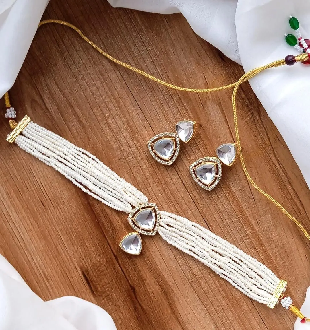 Pearl Stone Gold Plated Kundan Choker Set