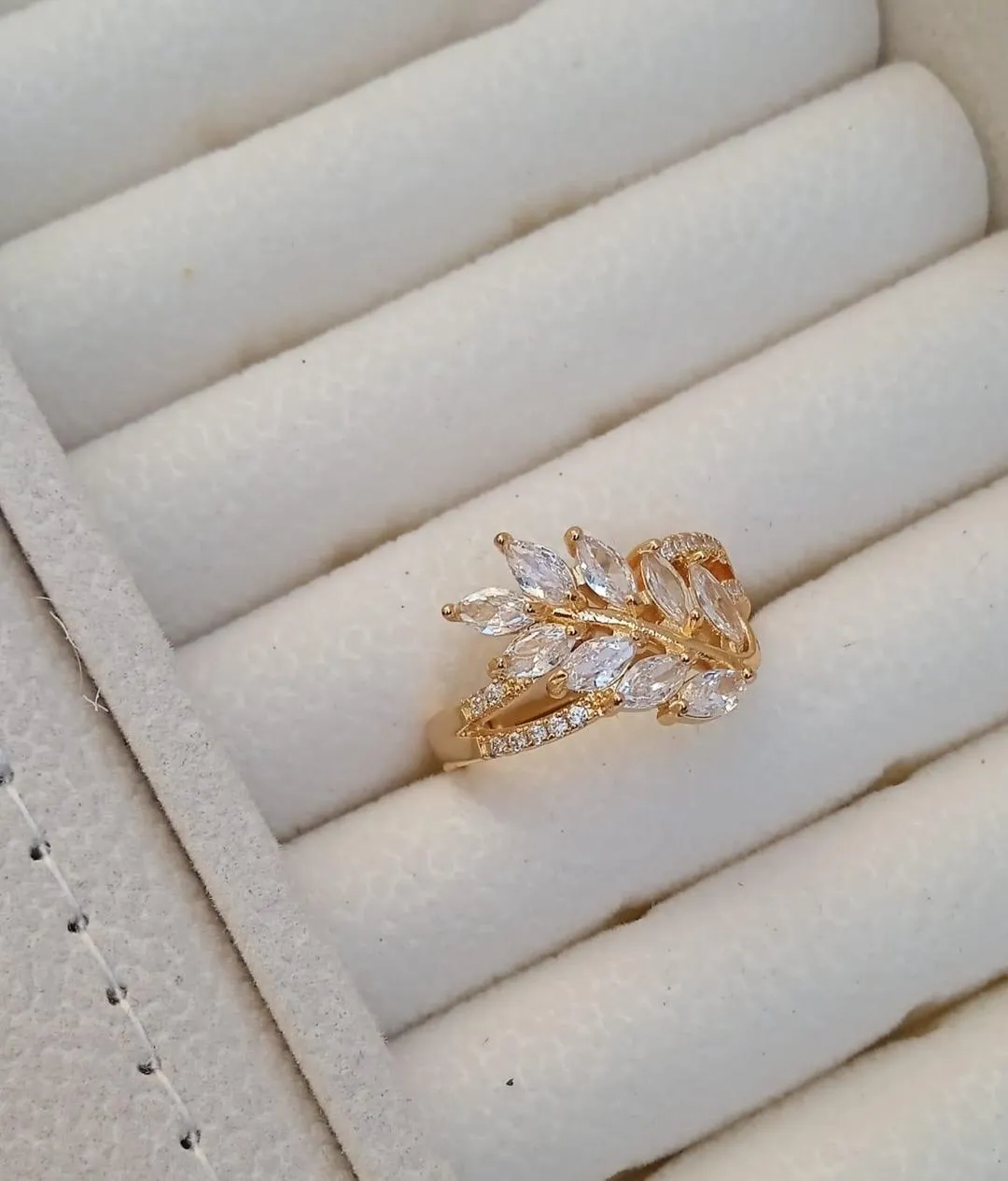 Gold Leaf Crystal Ring for Women Wedding Eid Office Wear