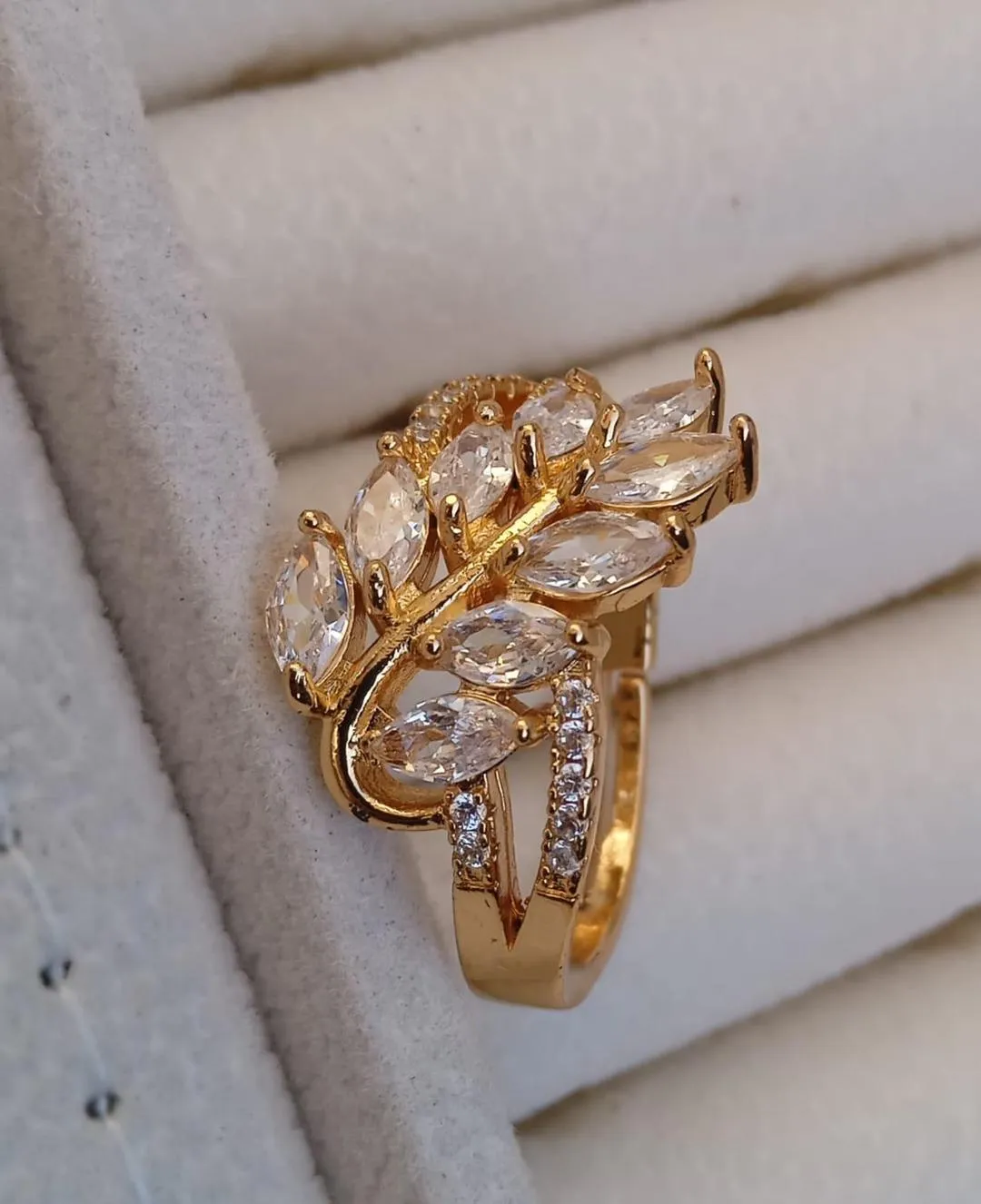 Gold Leaf Crystal Ring for Women Wedding Eid Office Wear