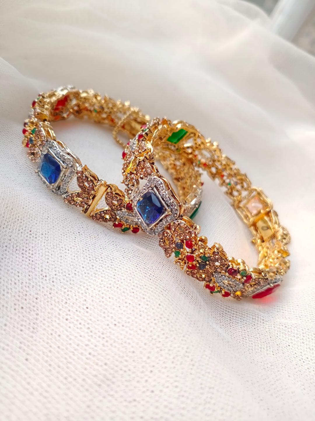 2 Pcs Noratan Design Gold Plated Rhinestone Kara Bangle