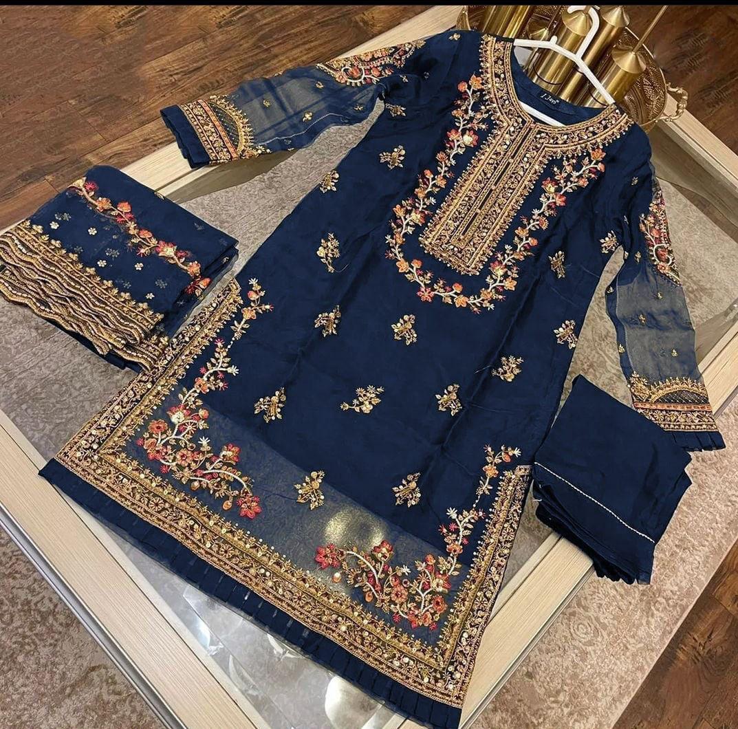 Embroidered Organza Suit Set - 3 Pcs Women's Stitched Attire in Blue