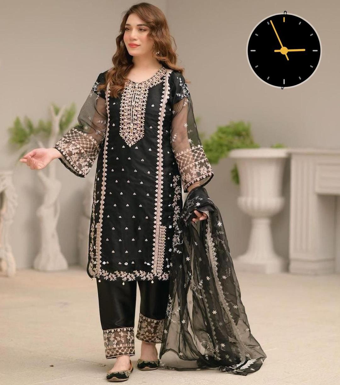 Elegant Women's Stitched Suit in Black - 3 Pcs Embroidered Organza & Crepe Ensemble