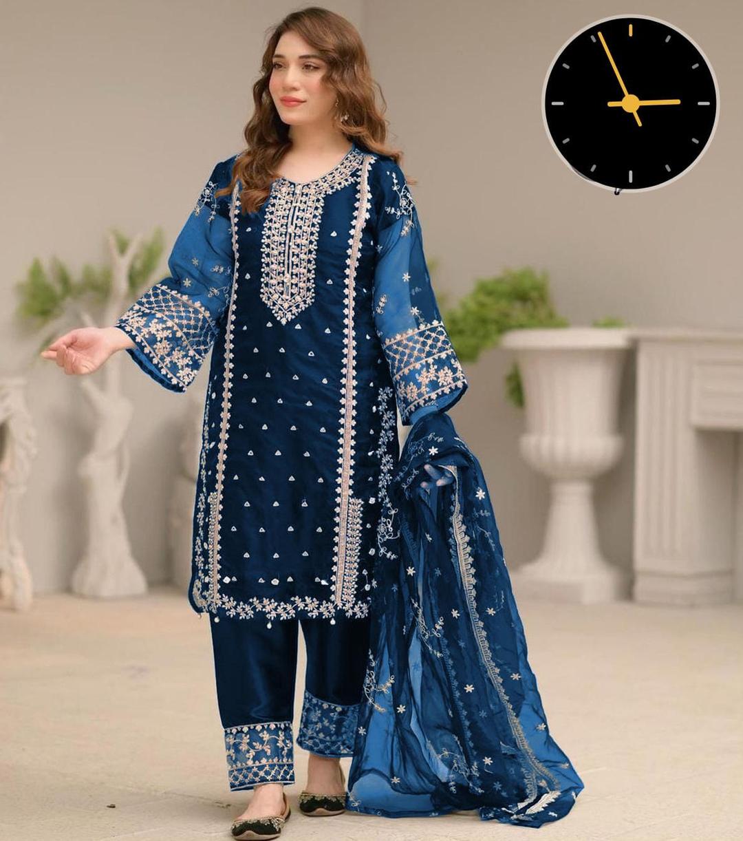 Embroidered Organza Suit Set - 3 Pcs in Blue