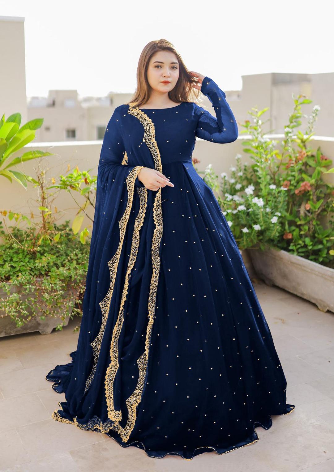 Elegant Women's Stitched Suit Set - Blue Embroidered Chiffon with 3 Pcs