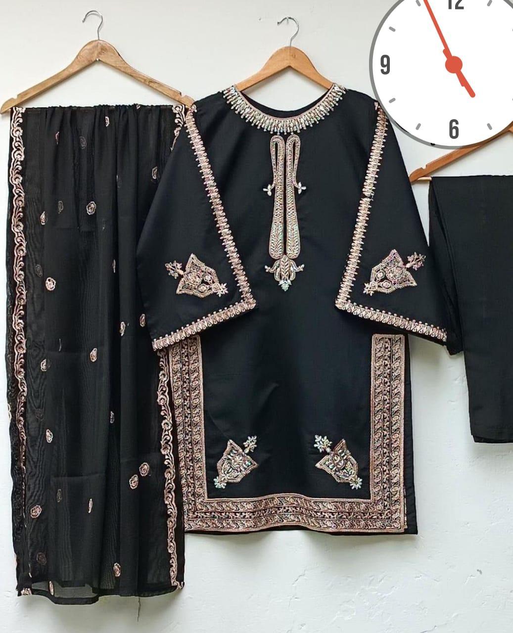 Elegant Black Embroidered Silk Suit - 3 Pcs
