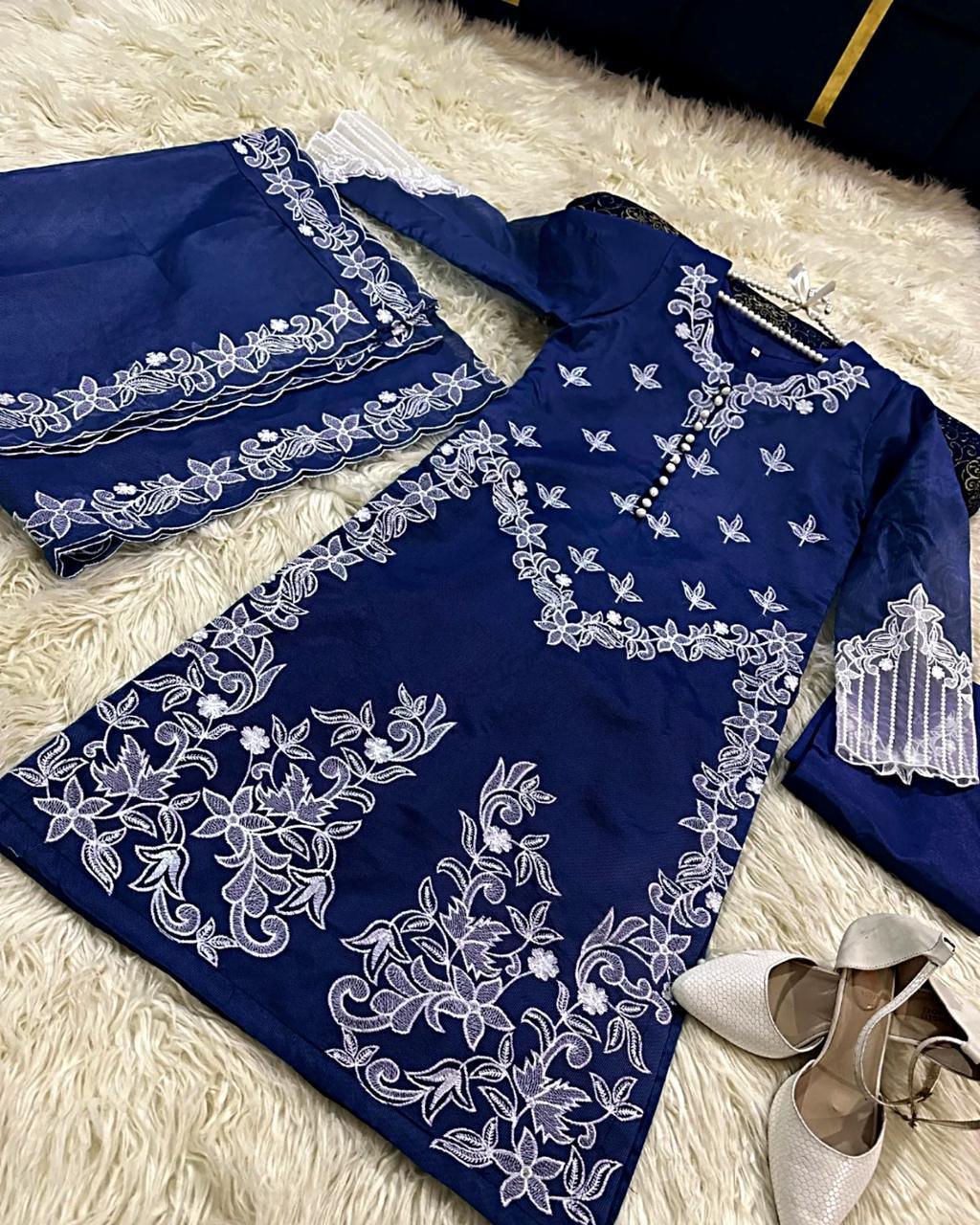 Embroidered Organza Suit Set for Women - 3 Pcs in Blue