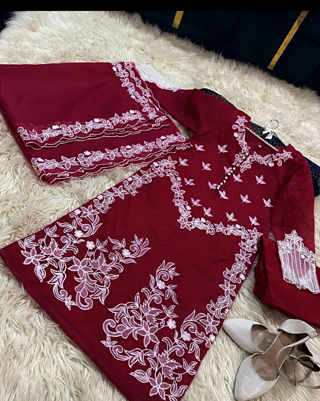 Women's Stitched Embroidered Suit Set in Maroon - 3 Pcs